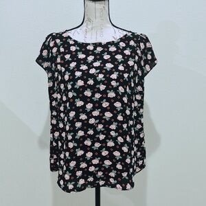 NWOT T TAHARI Black, Pink Floral Lightweight Cap/Flutter Sleeve Top Size M